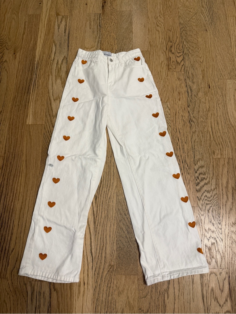 sundays White Boot Cut Jeans with Orange Heart Accents